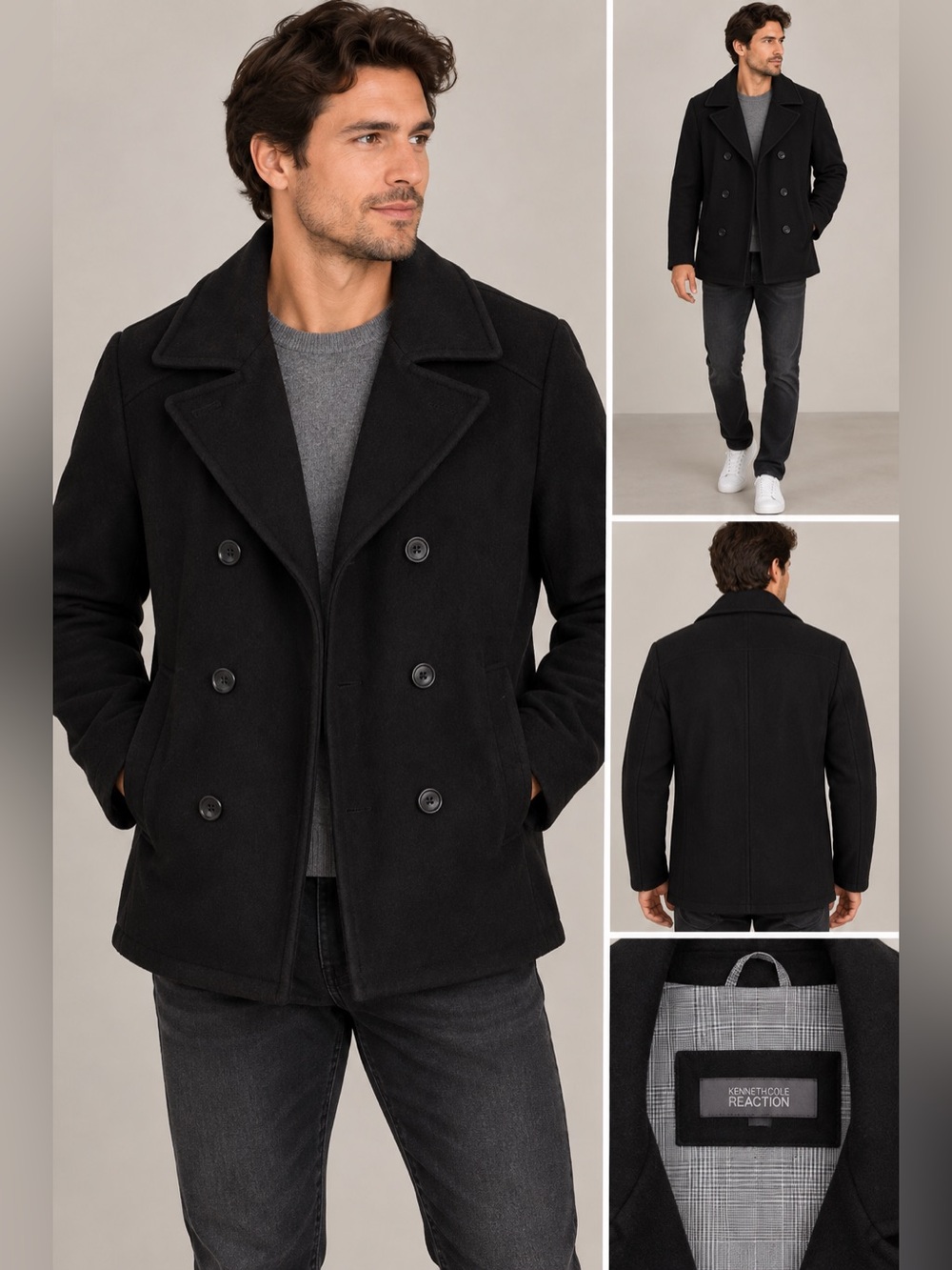 Kenneth Cole Reaction Men’s Black Double Breasted Peacoat Size M